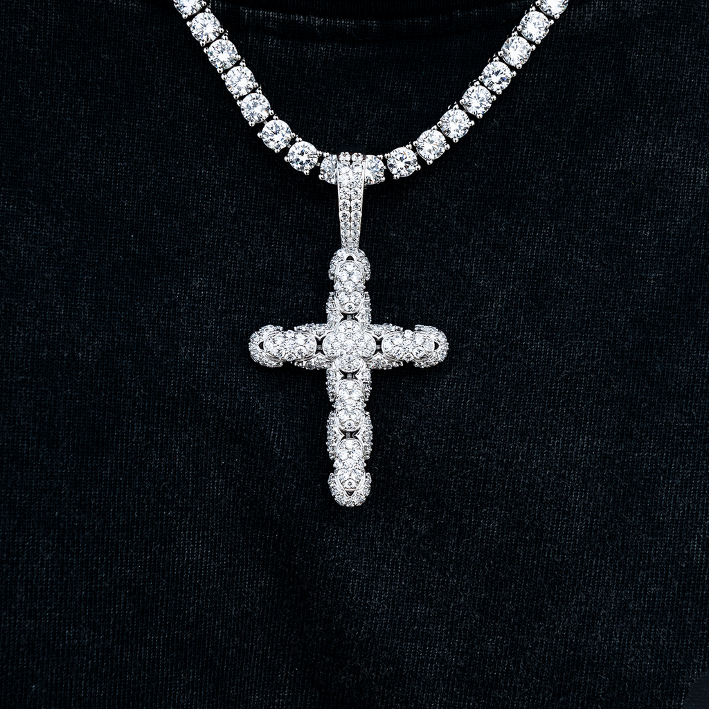 Diamond Pave Snake Link Cross Pendant in White Gold