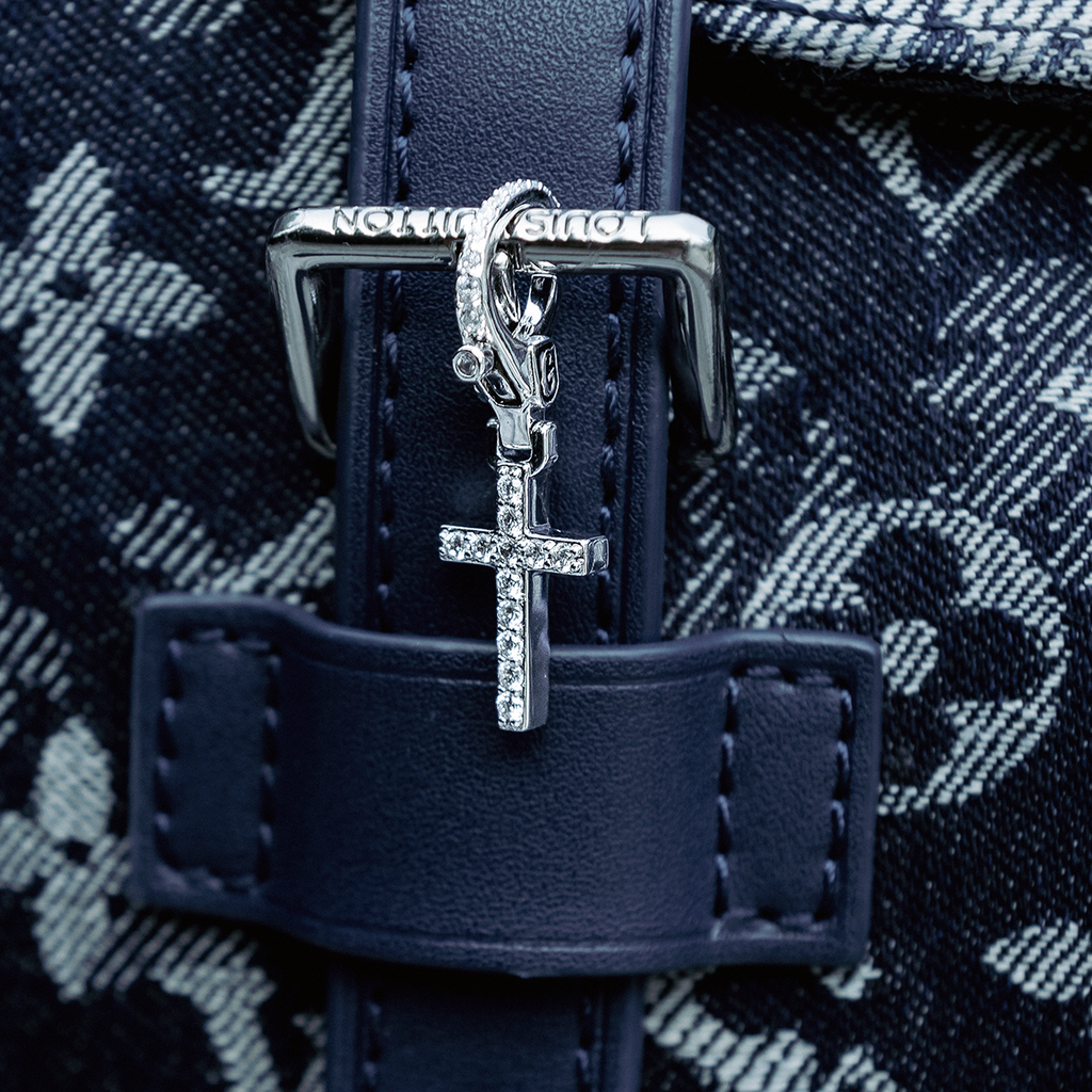 Iced Micro Cross Clip On Charm  Pendant in White Gold