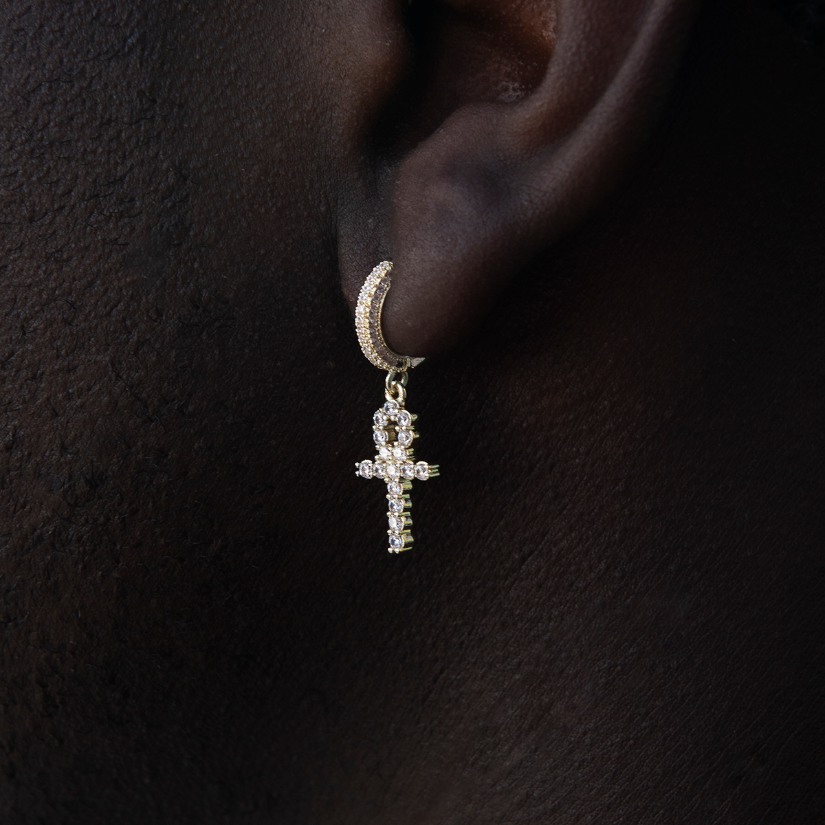 Iced Ankh Cross Hoop Earrings in Yellow Gold