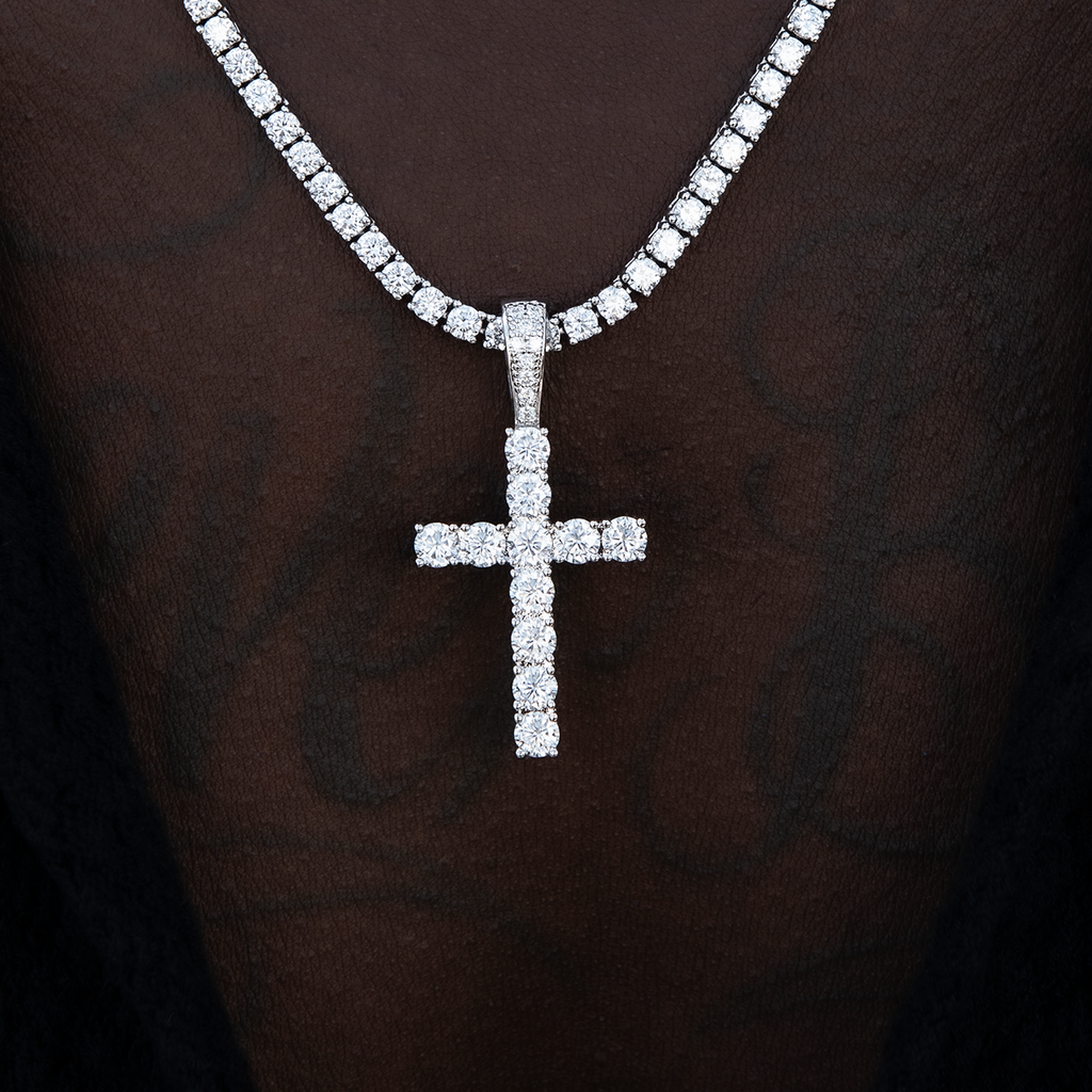 Moissanite Diamond Cross Pendant in Sterling Silver