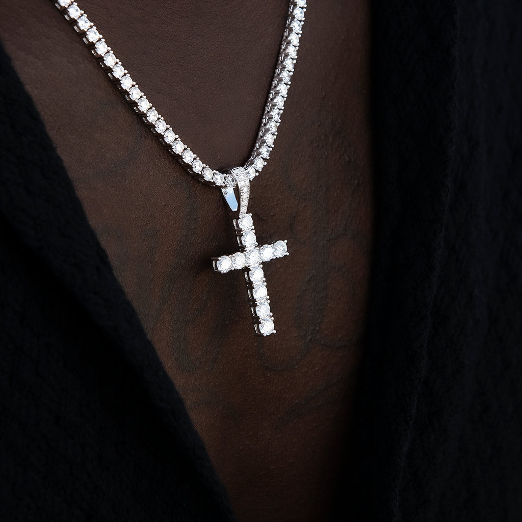 Men's Moissanite Diamond Cross Pendant in White Gold Vermeil