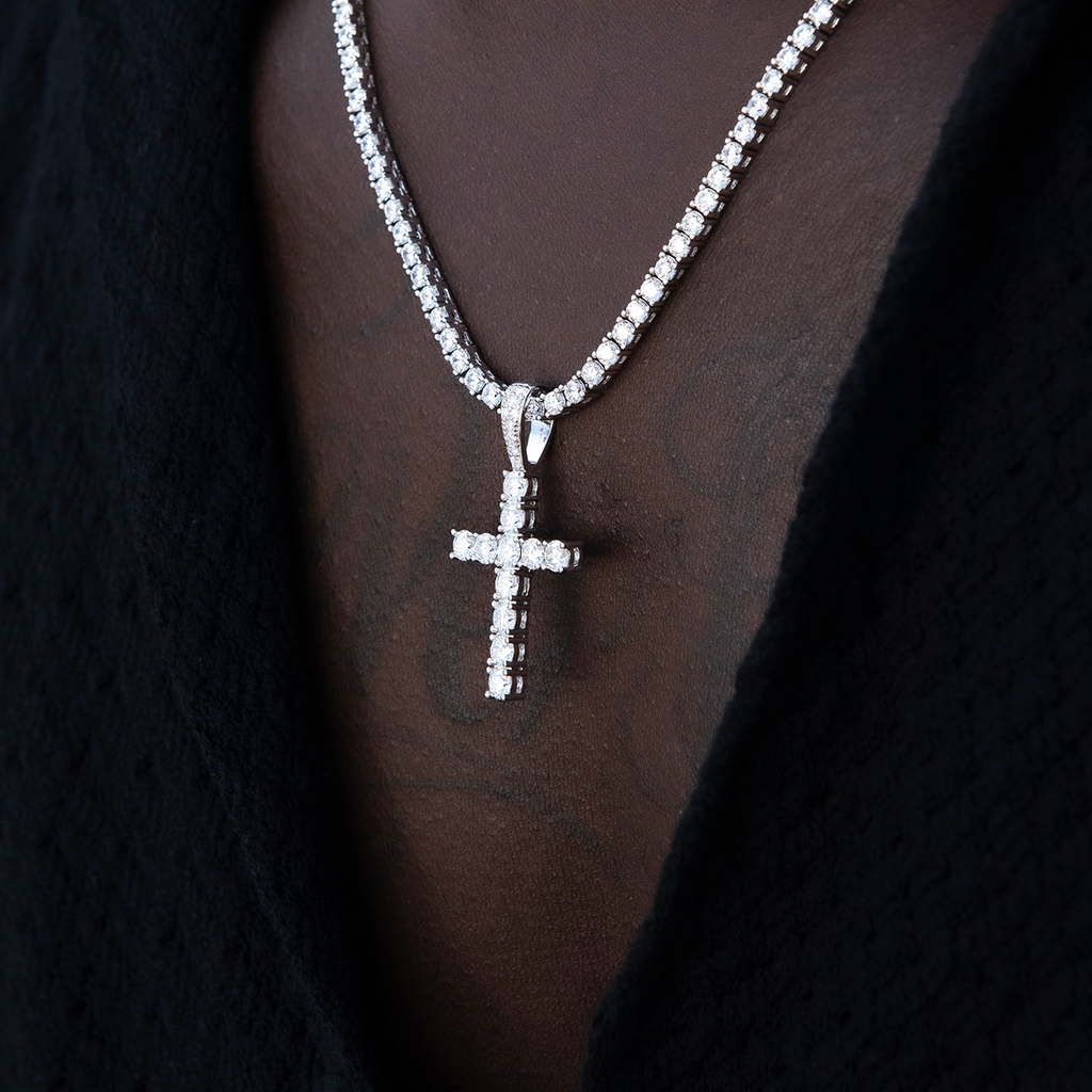 Men's Moissanite Diamond Cross Pendant in White Gold Vermeil