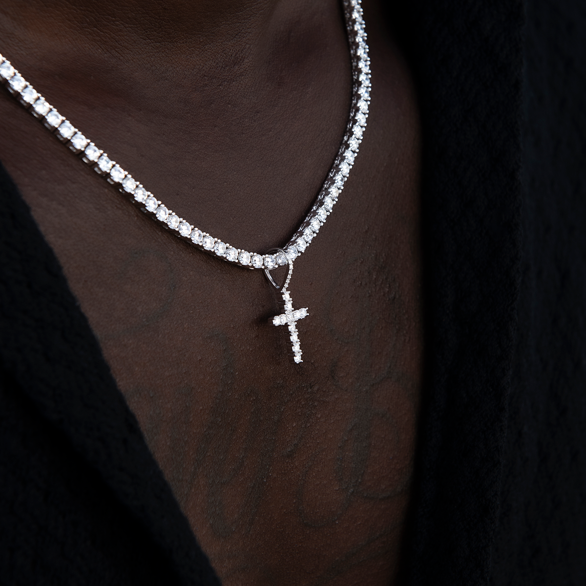 Men's Moissanite Diamond Cross Micro Pendant in White Gold Vermeil