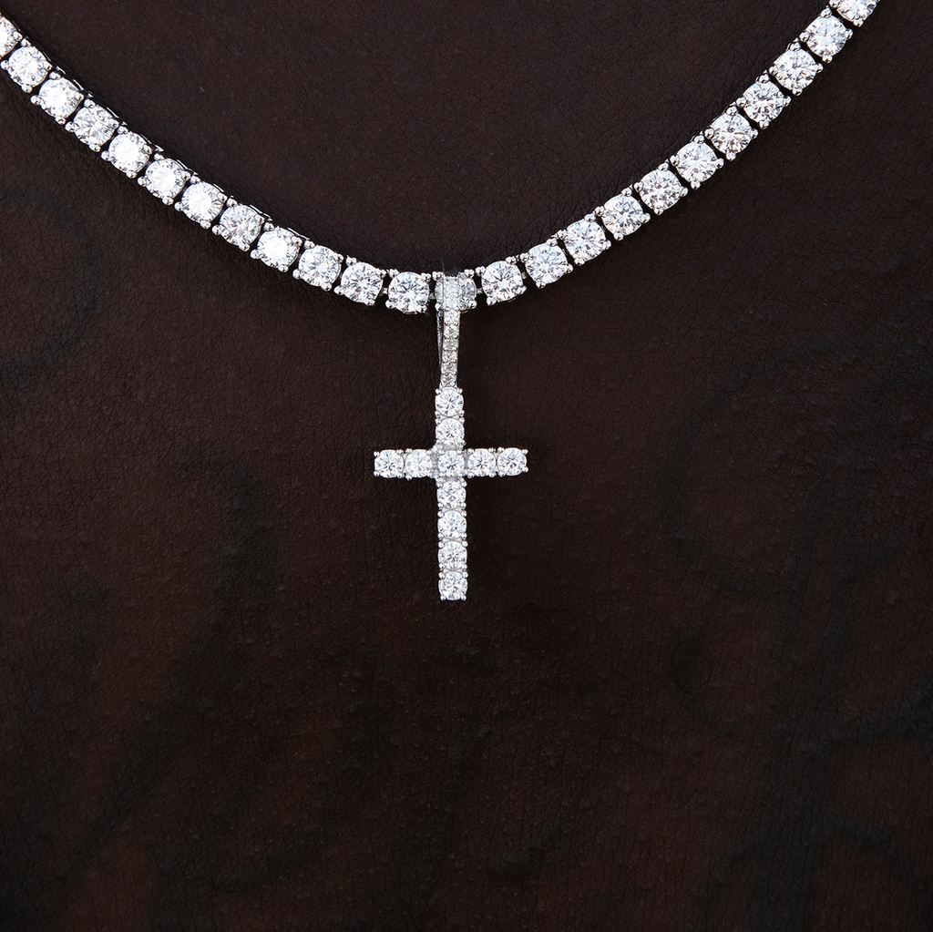 Men's Moissanite Diamond Cross Micro Pendant in White Gold Vermeil