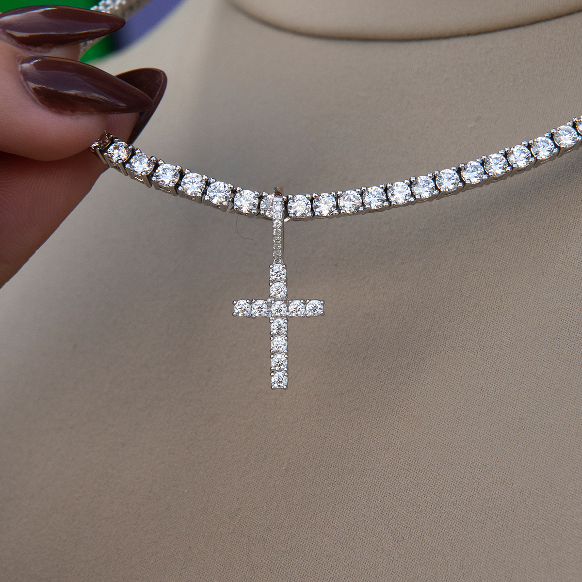 Moissanite Diamond Cross Micro Pendant in Sterling Silver