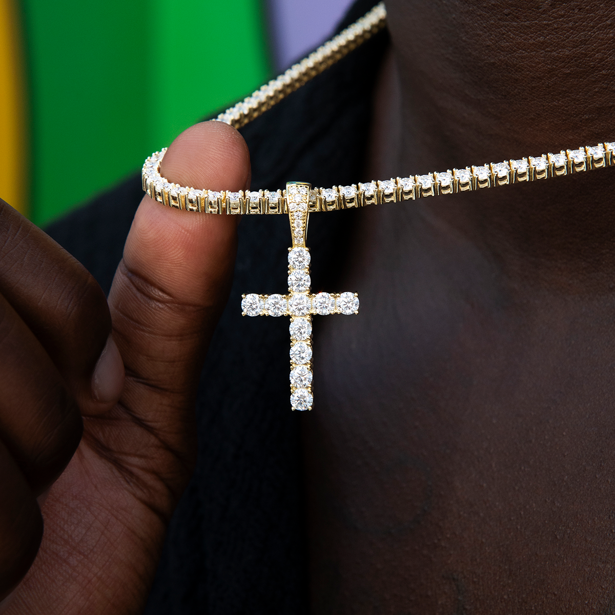 Men's Moissanite Diamond Cross Pendant in Yellow Gold Vermeil