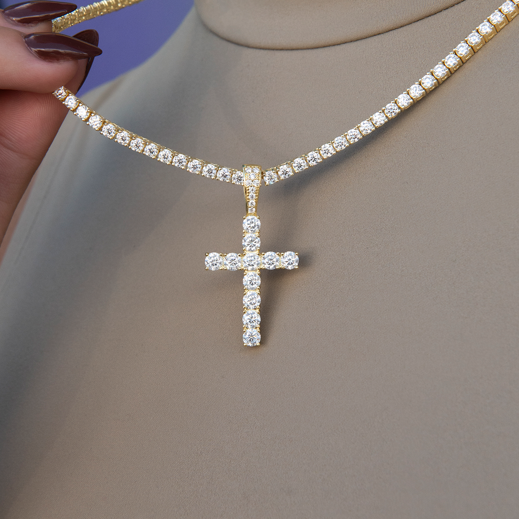 Women's Moissanite Diamond Cross Pendant in Yellow Gold Vermeil