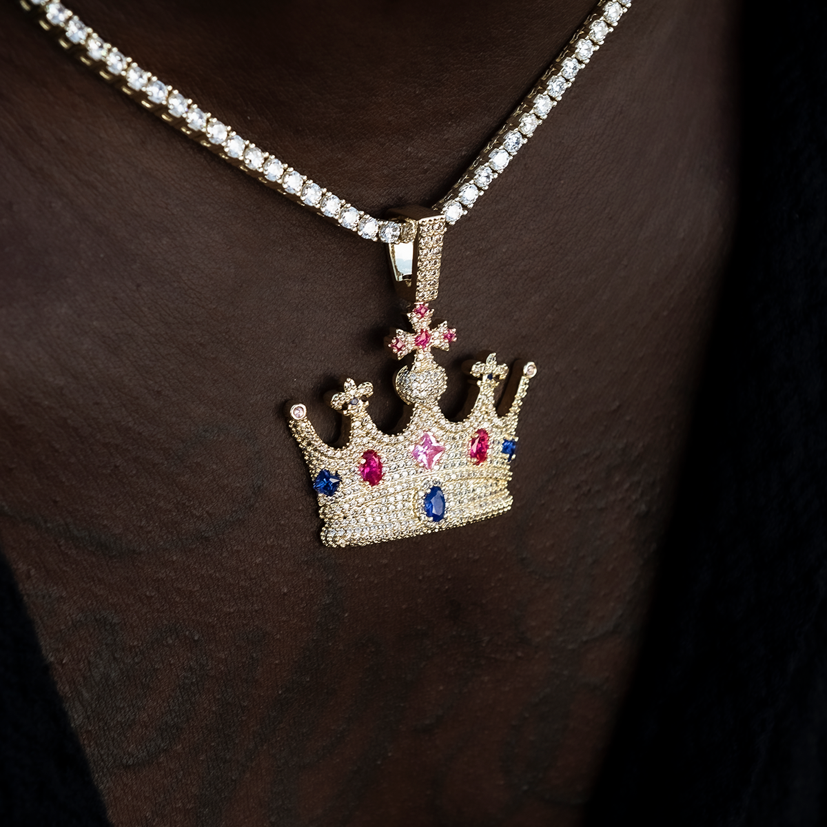 Multicolor Crown Pendant in Yellow Gold
