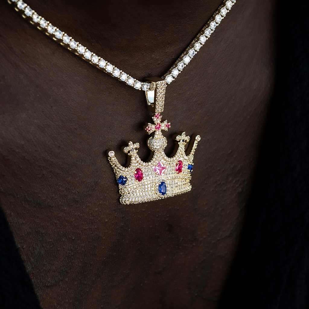 Multicolor Crown Pendant in Yellow Gold
