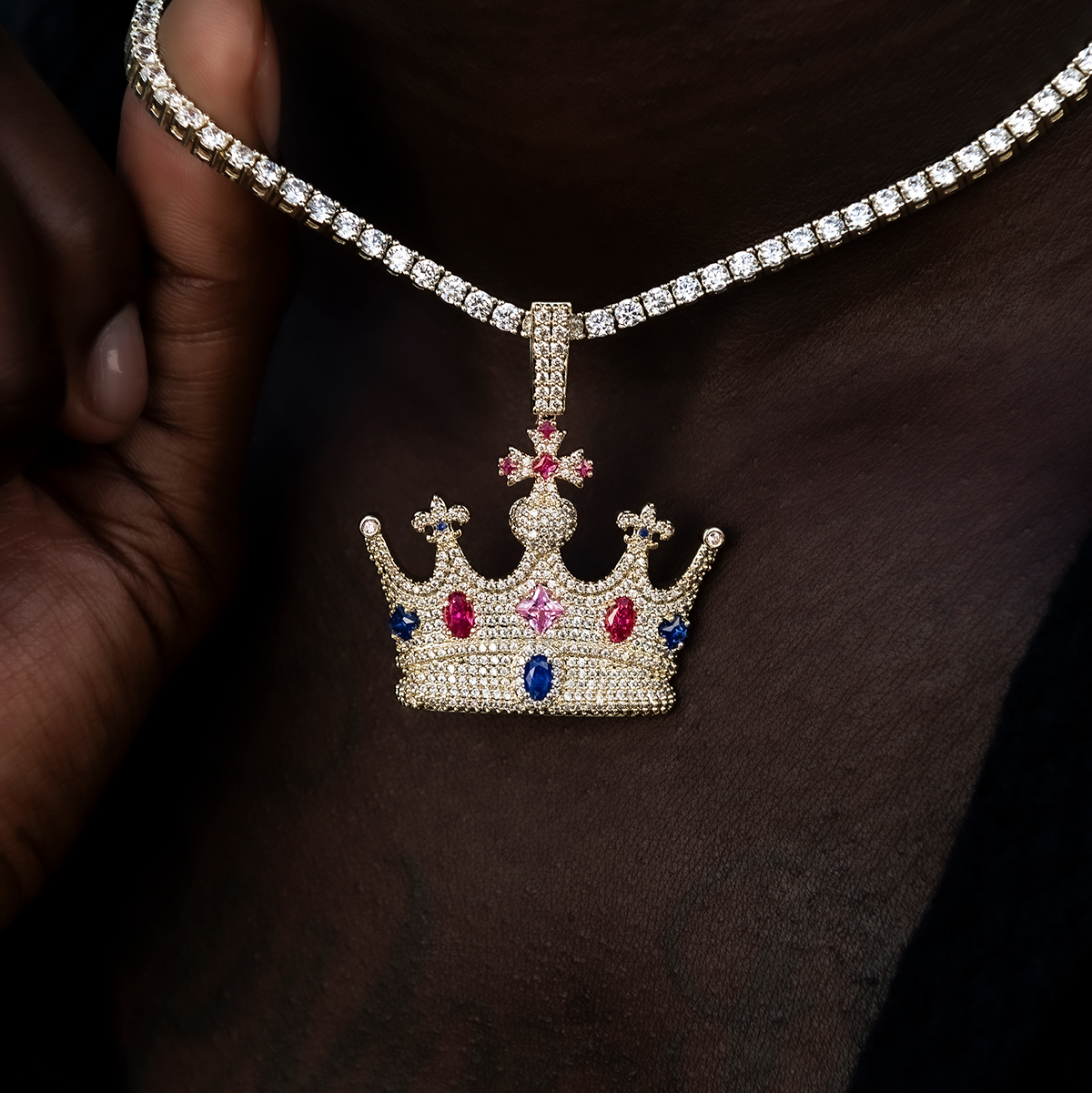 Multicolor Crown Pendant in Yellow Gold