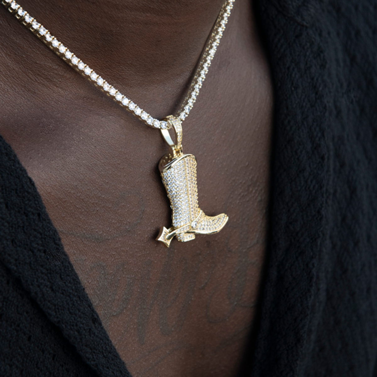 Iced Cowboy Boot Pendant in Yellow Gold