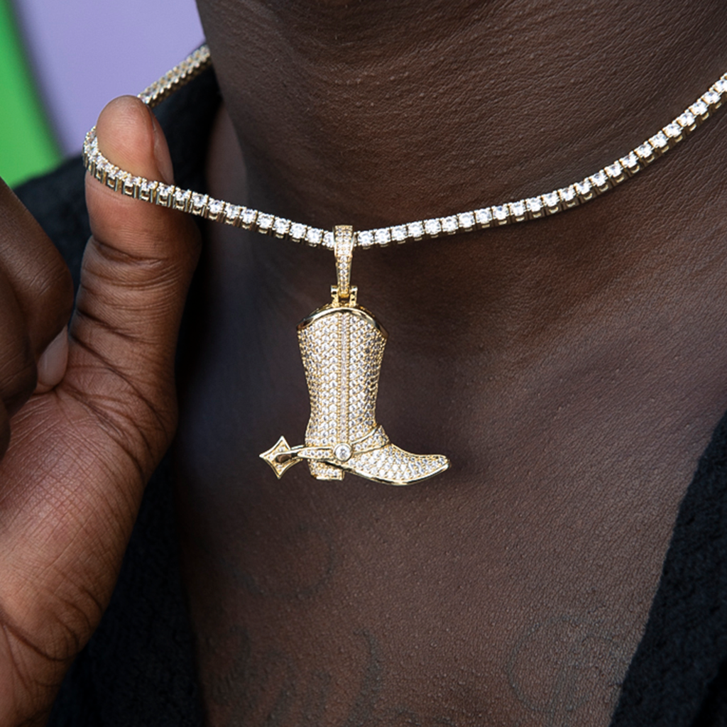 Iced Cowboy Boot Pendant in Yellow Gold