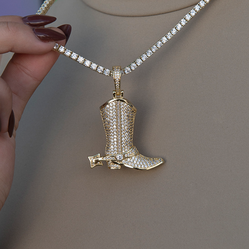 Iced Cowboy Boot Pendant in Yellow Gold