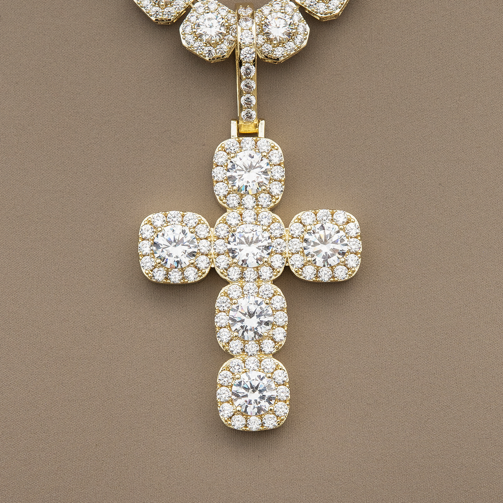 Cushion Cut Stone Cross Pendant in Yellow Gold