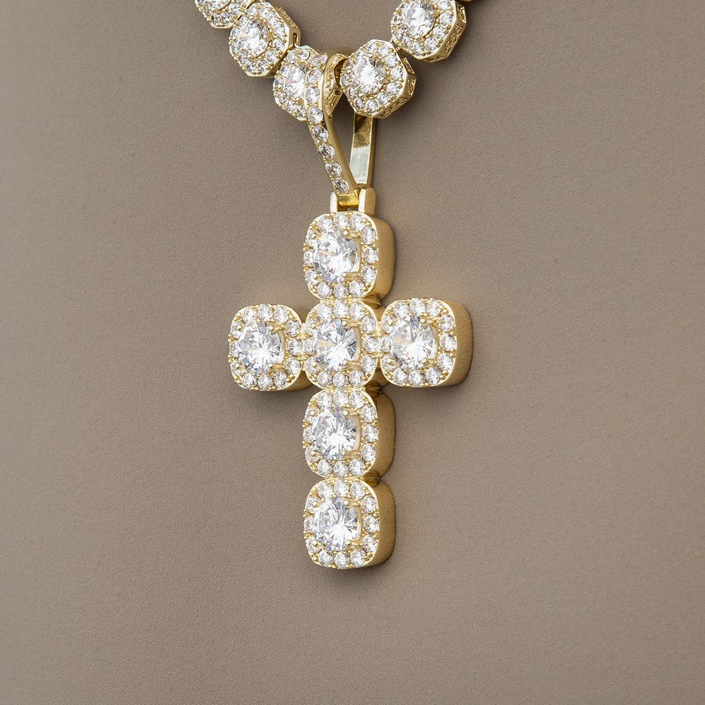 Cushion Cut Stone Cross Pendant in Yellow Gold
