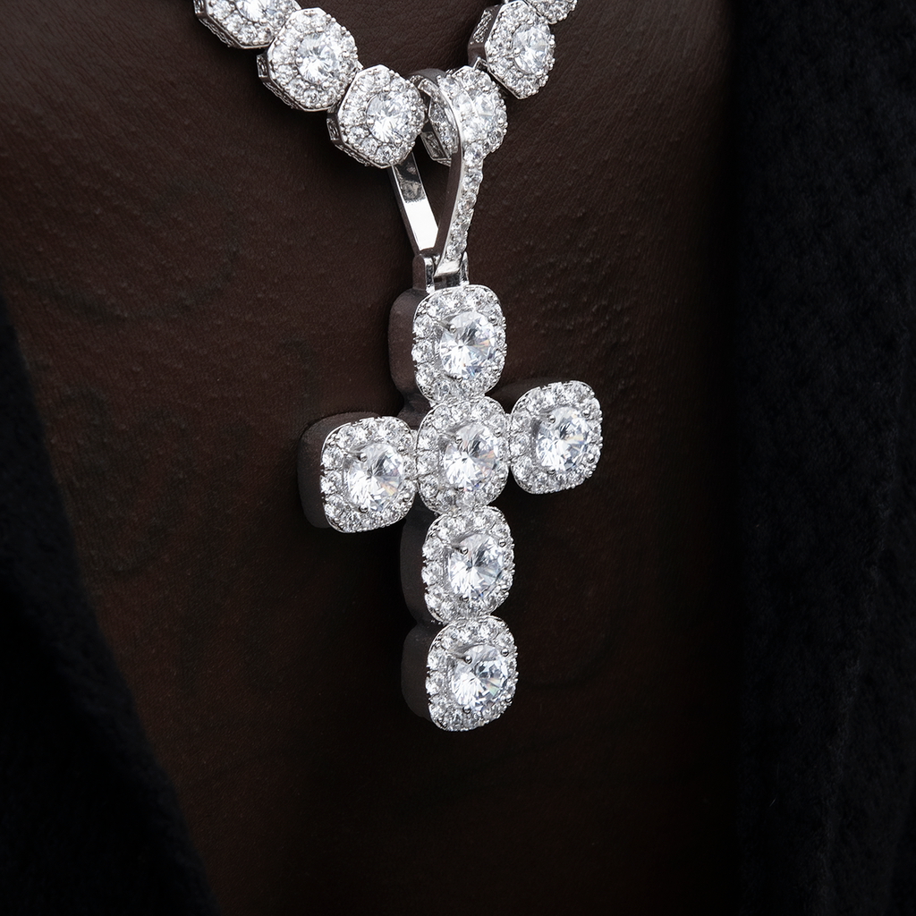 Cushion Cut Stone Cross Pendant in White Gold