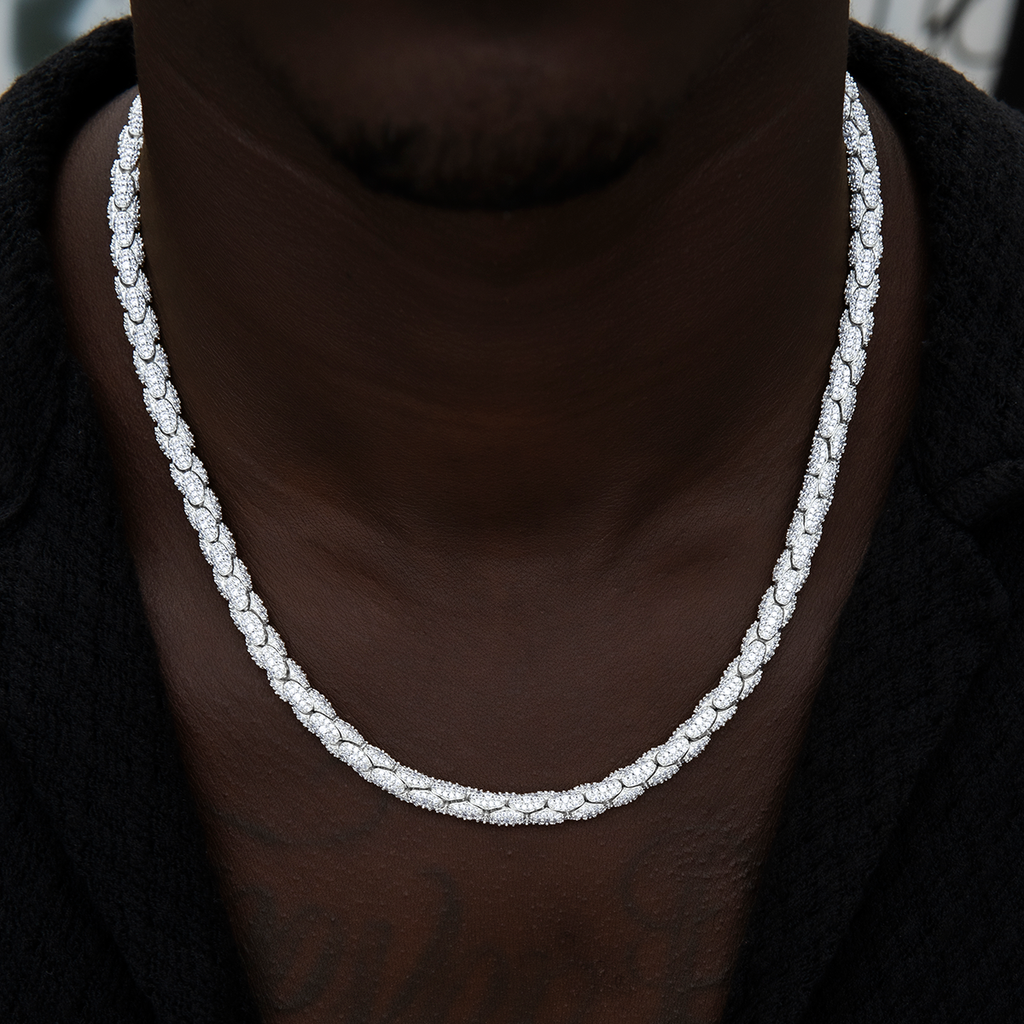 Diamond Pave Snake Link Chain in White Gold-6mm