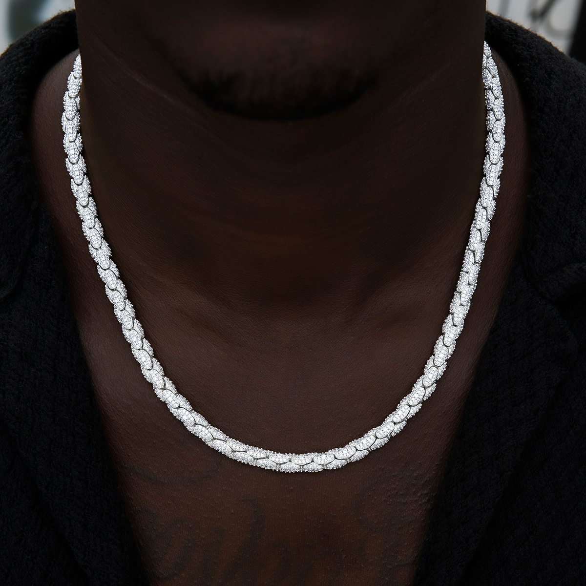 Diamond Pave Snake Link Chain in White Gold-6mm