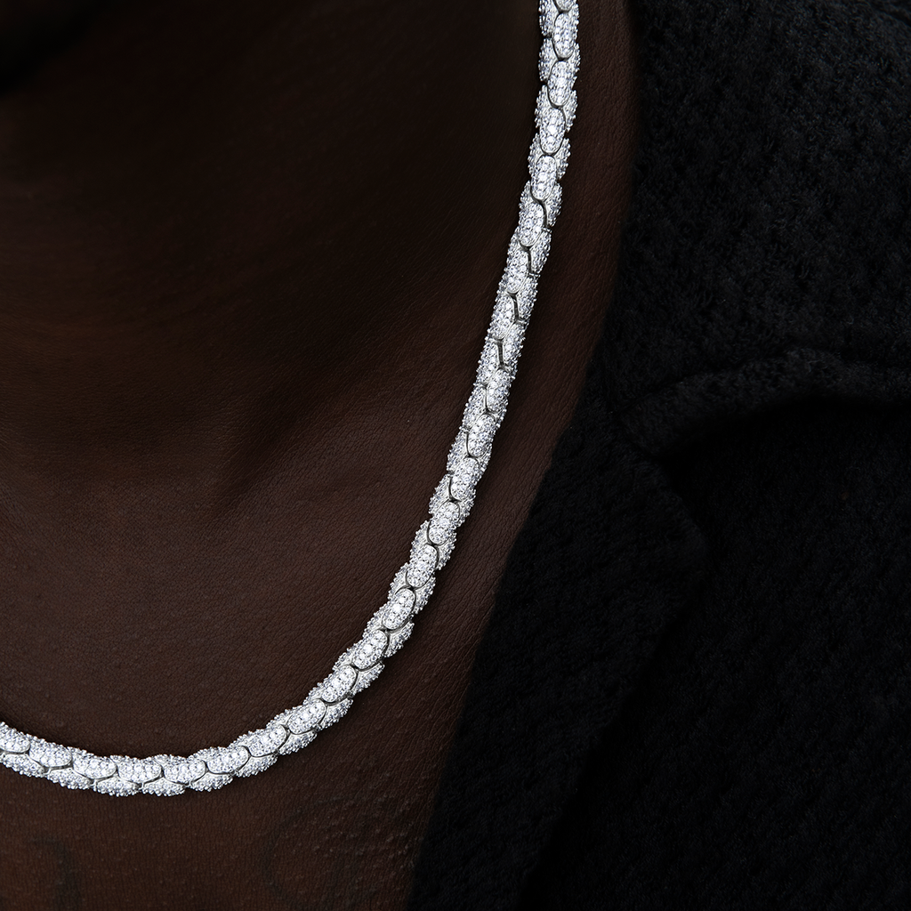 Diamond Pave Snake Link Chain in White Gold-6mm