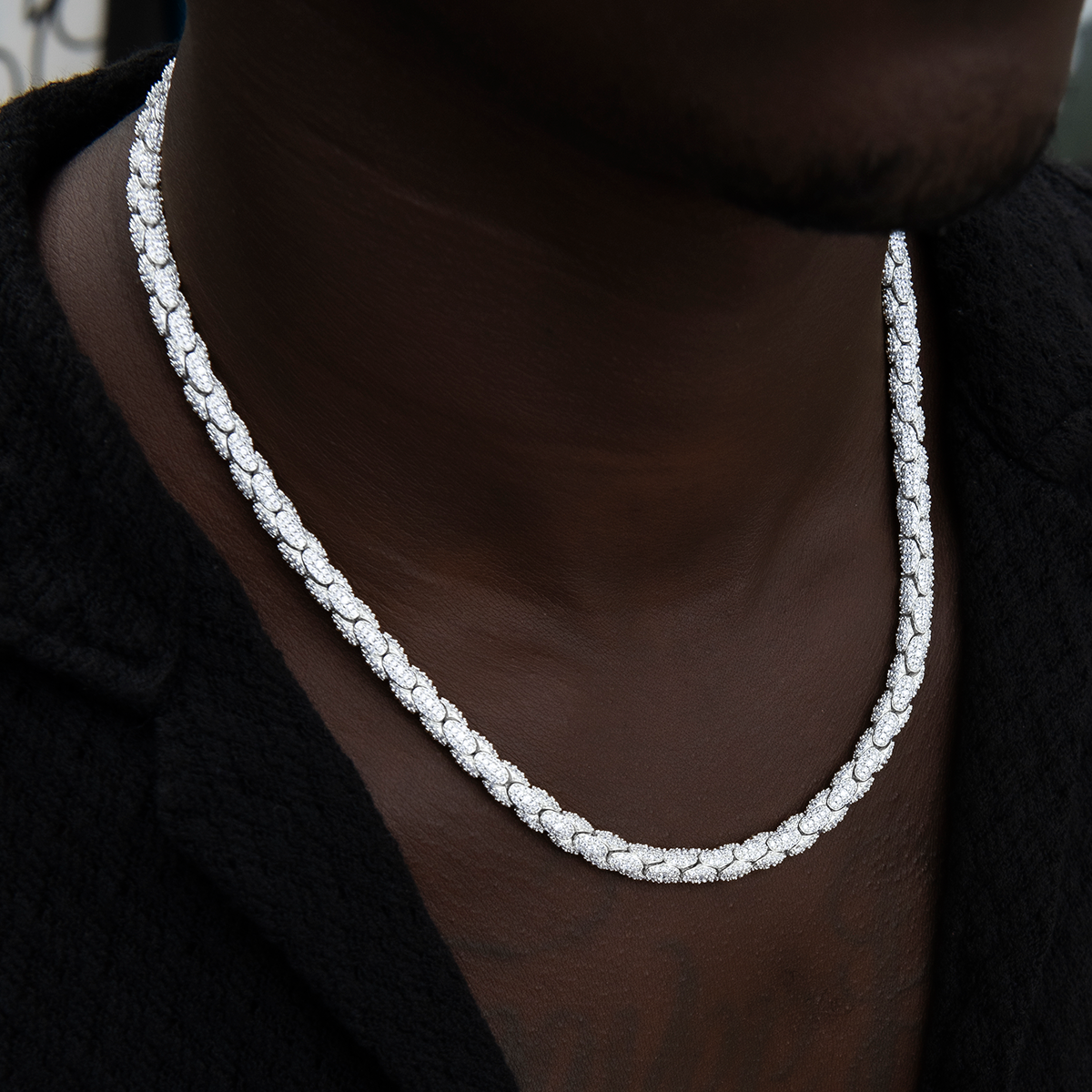 Diamond Pave Snake Link Chain in White Gold-6mm