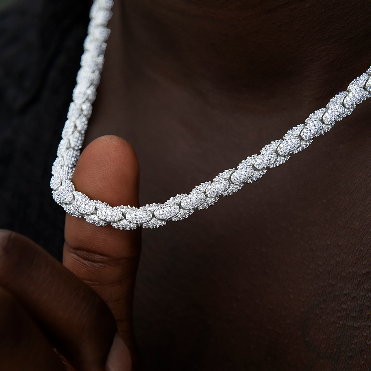 Diamond Pave Snake Link Chain in White Gold-6mm