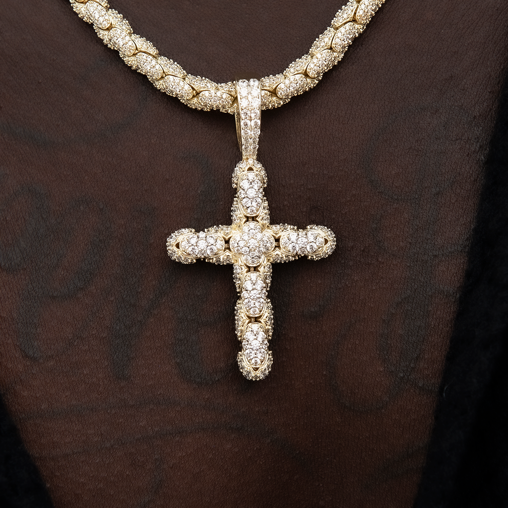 Diamond Pave Snake Link Cross Pendant in Yellow Gold