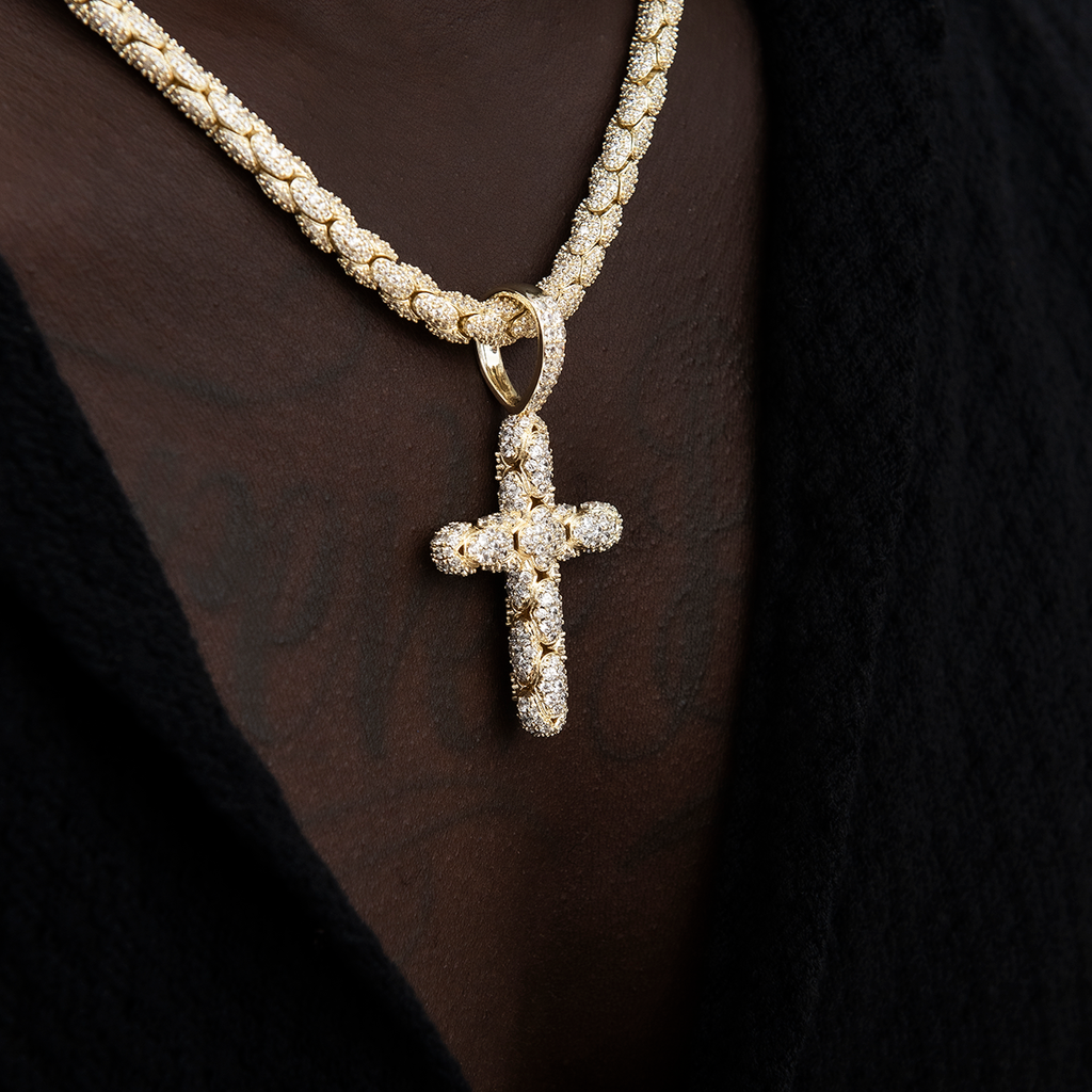 Diamond Pave Snake Link Cross Pendant in Yellow Gold
