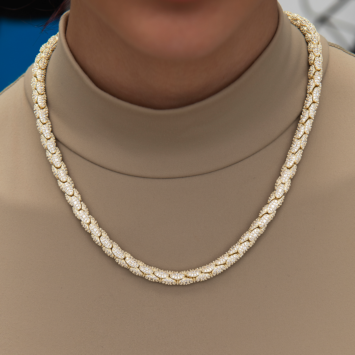 Diamond Pave Snake Link Necklace + Bracelet Bundle in Yellow Gold- 6mm