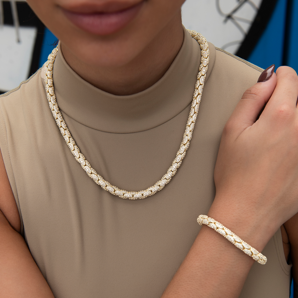 Diamond Pave Snake Link Necklace + Bracelet Bundle in Yellow Gold- 6mm