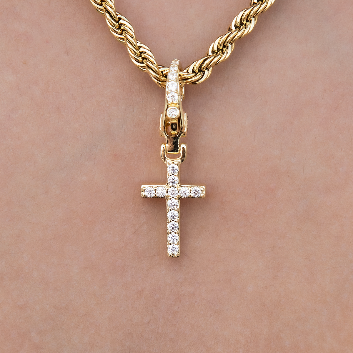 Iced Micro Cross Clip On Charm Pendant in Yellow Gold