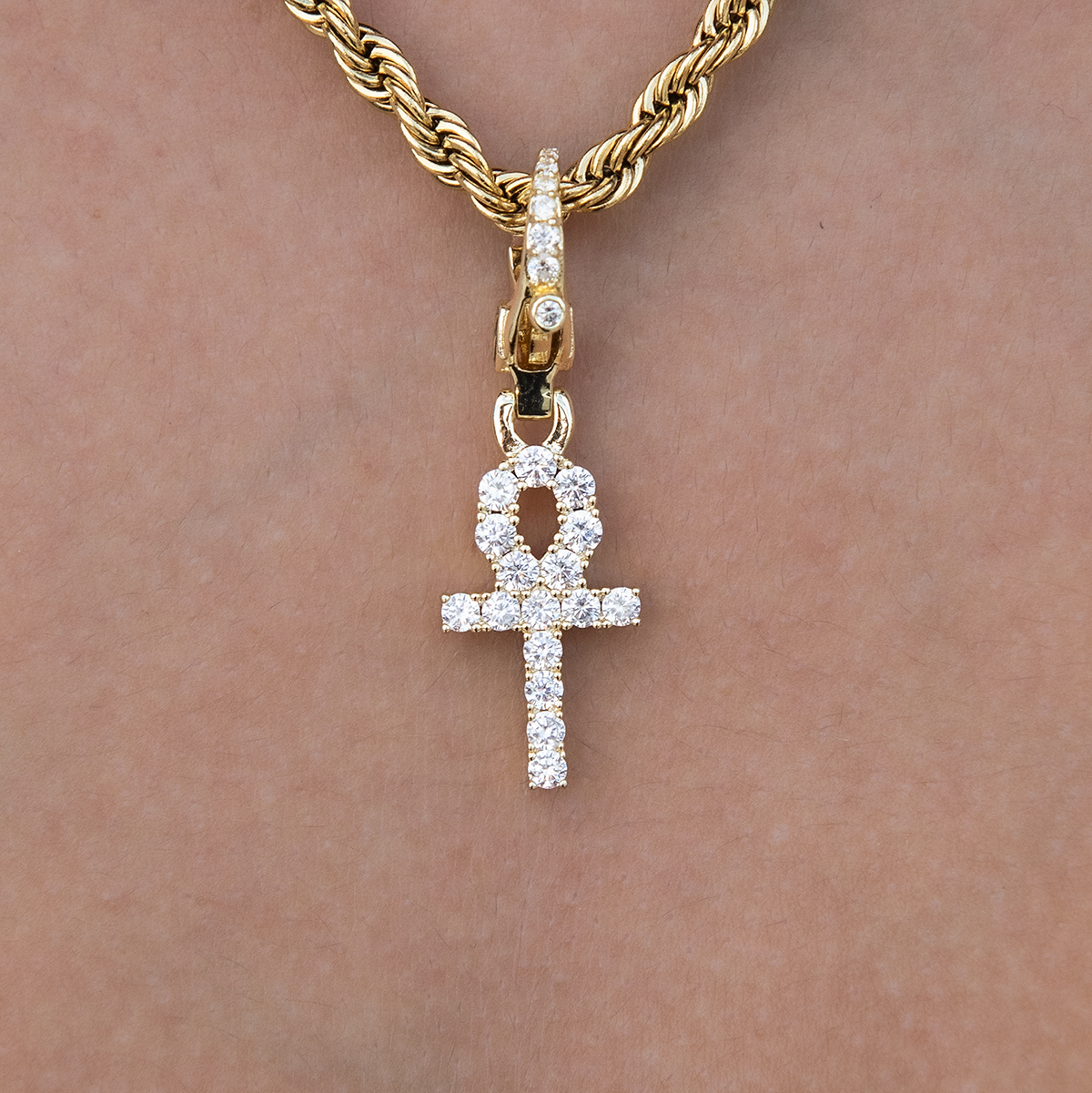 Micro Ankh Cross Clip On Charm Pendant in Yellow Gold