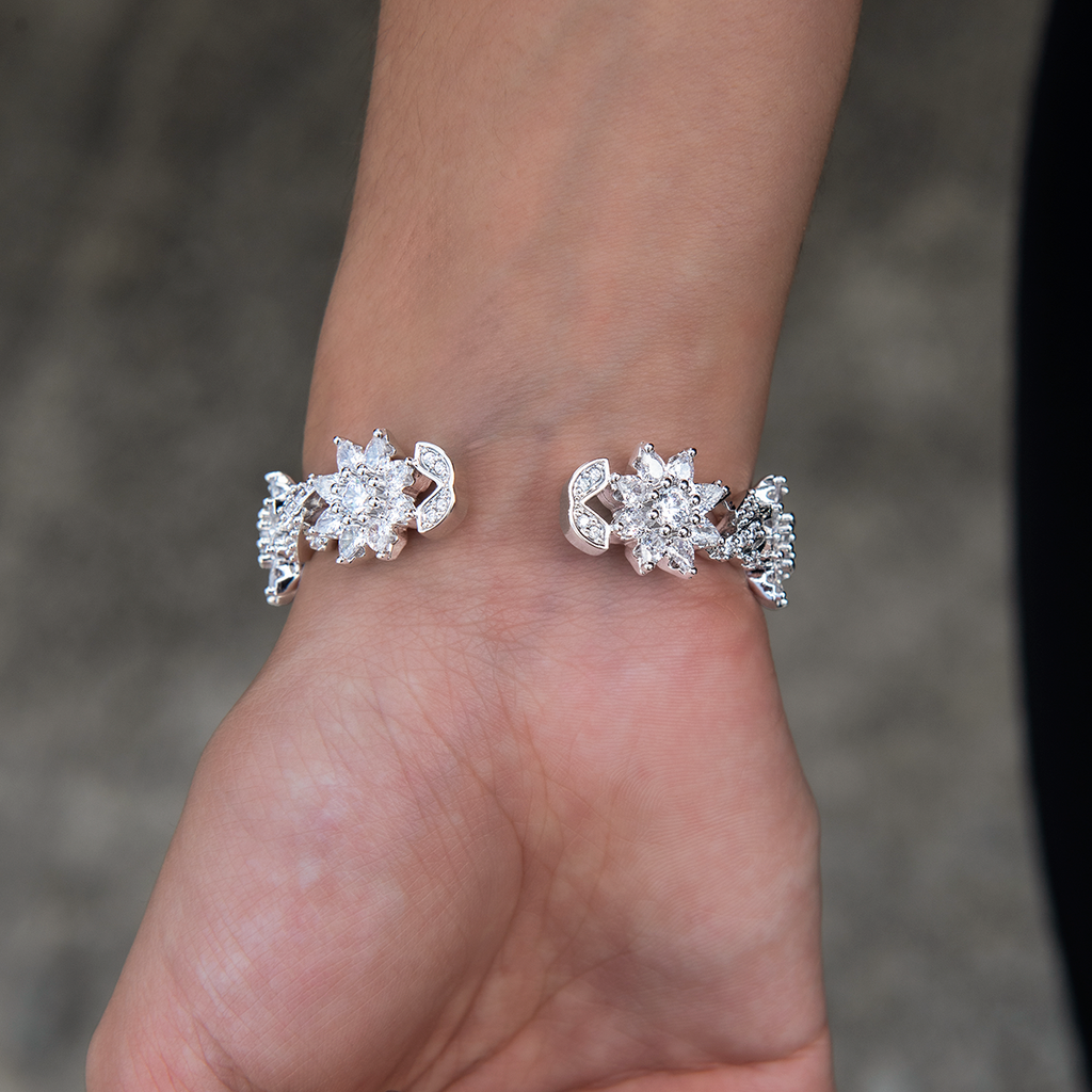Diamond Infinity Flower Cuff Bracelet in White Gold