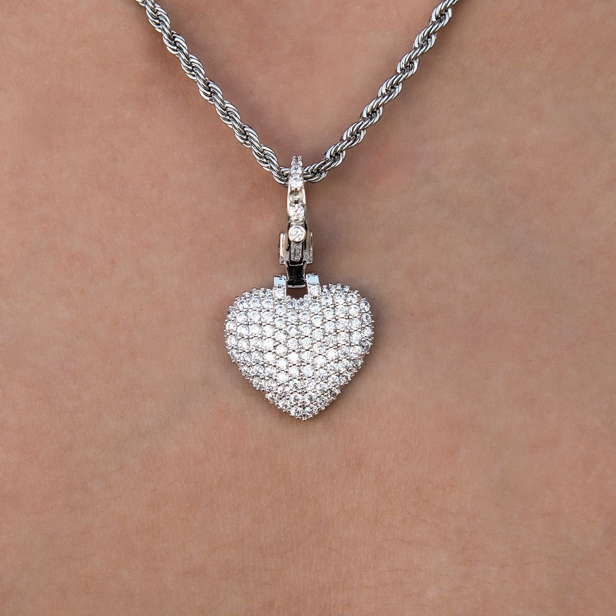 Pave Heart Clip On Charm Pendant in White Gold