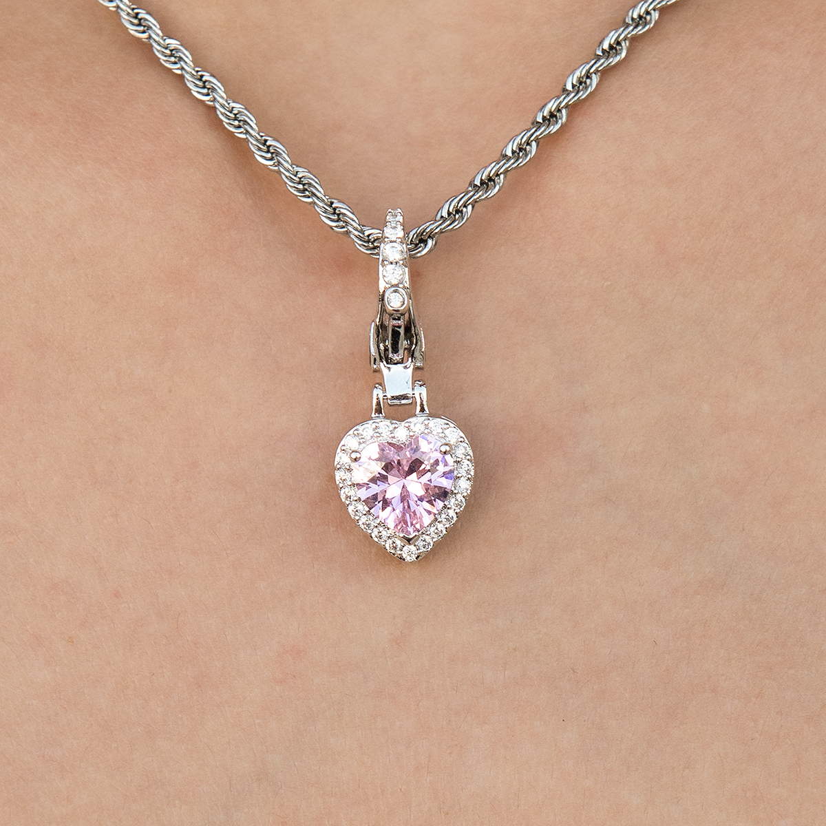Micro Iced Pink Heart Clip On Charm Pendant in White Gold