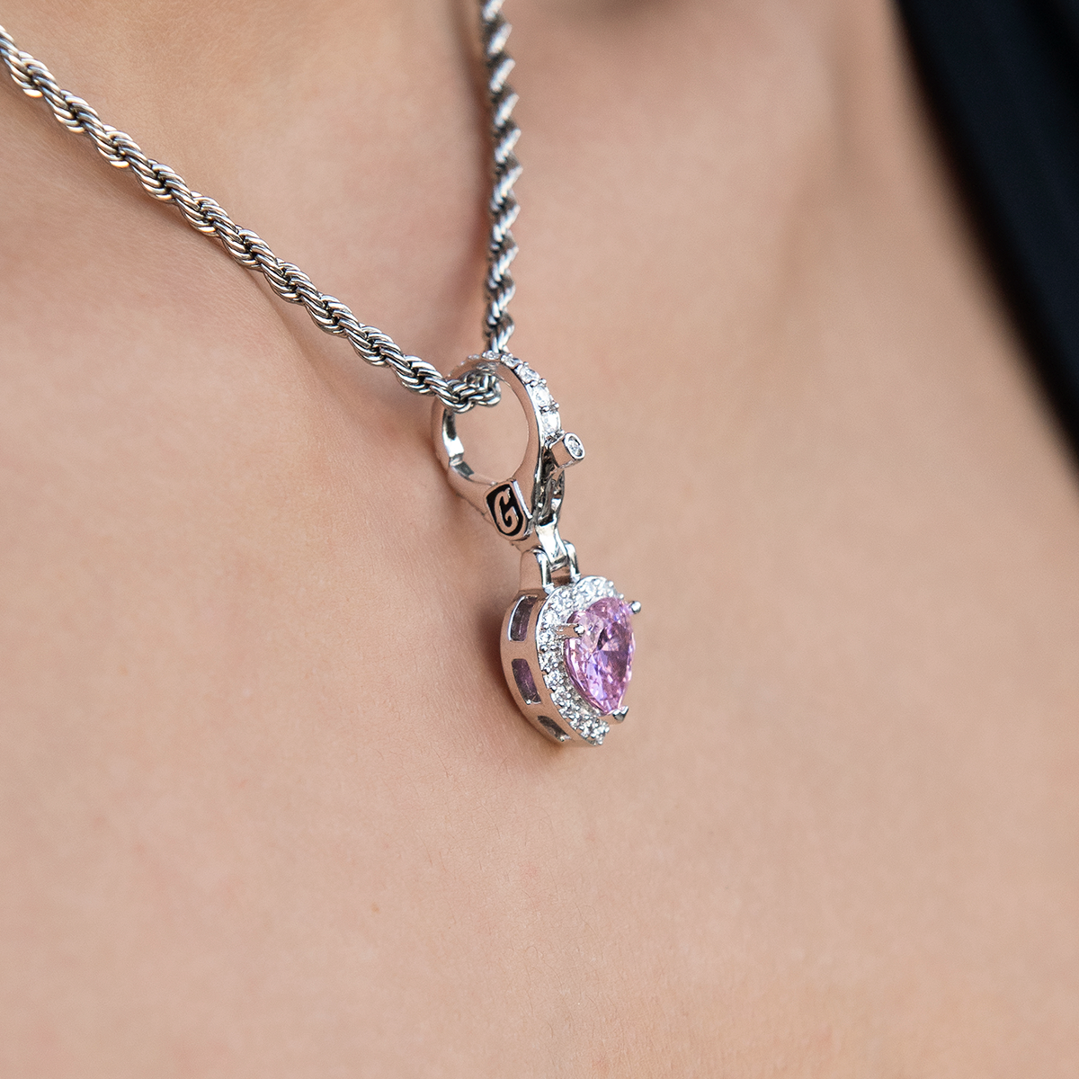 Micro Iced Pink Heart Clip On Charm Pendant in White Gold
