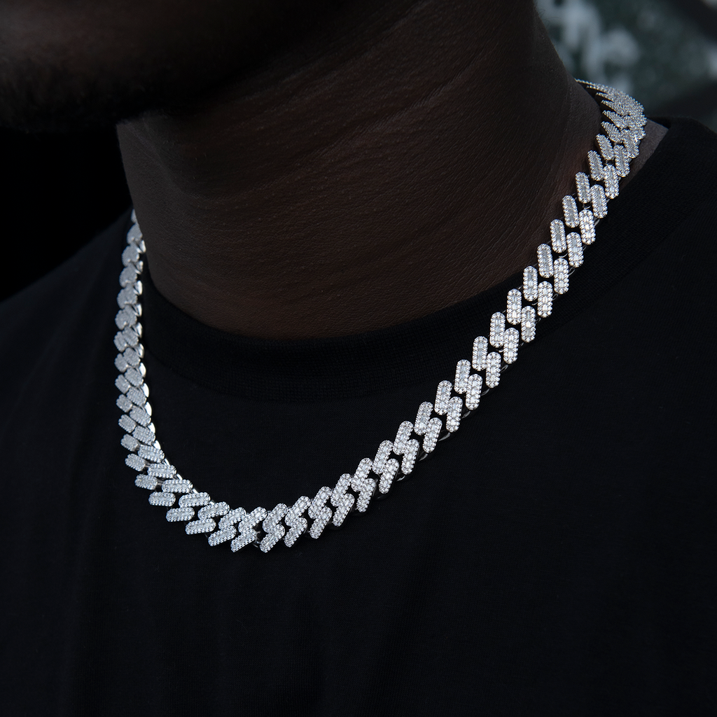 GLD Diamond Baguette Cuban Chain in White Gold- 12mm