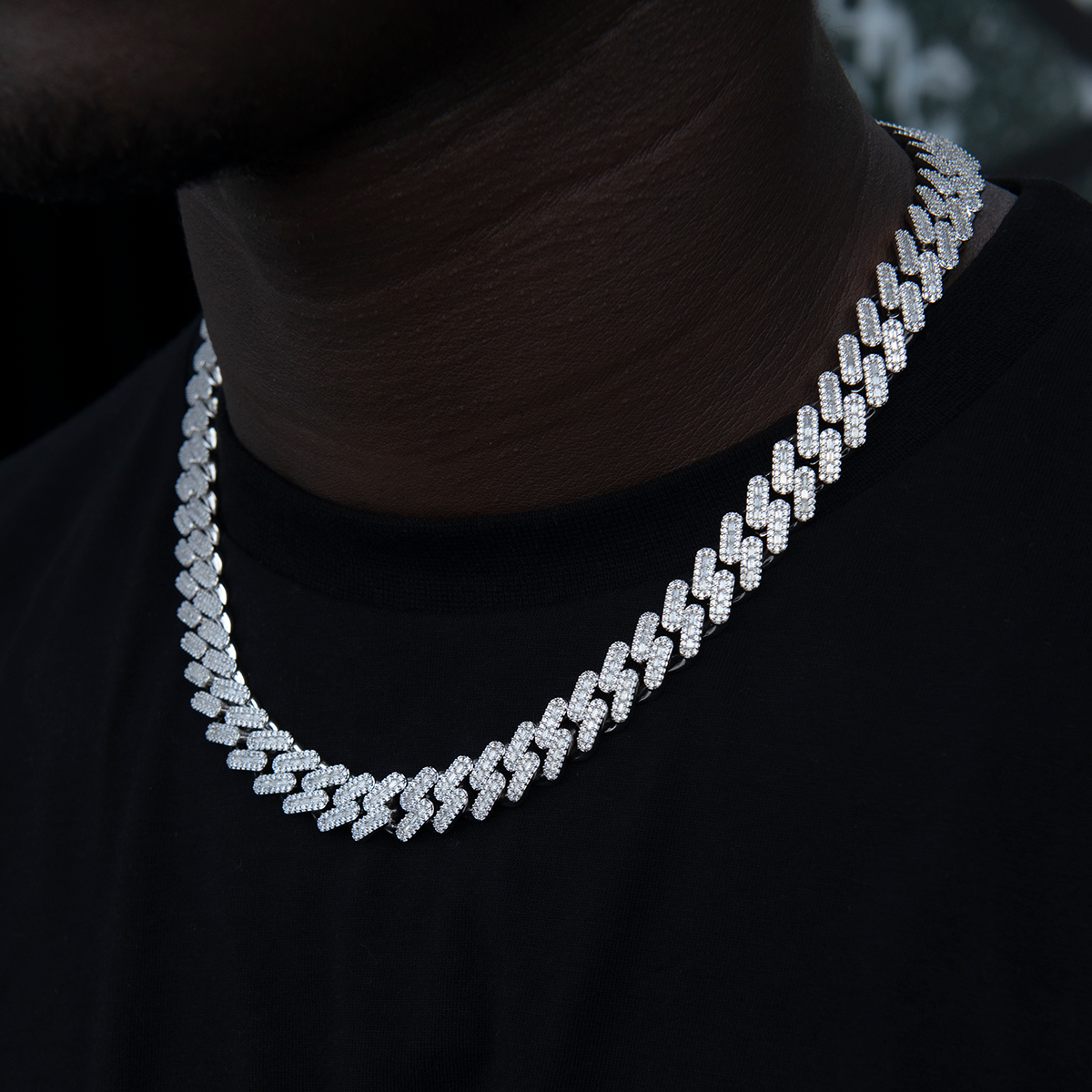 GLD Diamond Baguette Cuban Chain in White Gold- 12mm