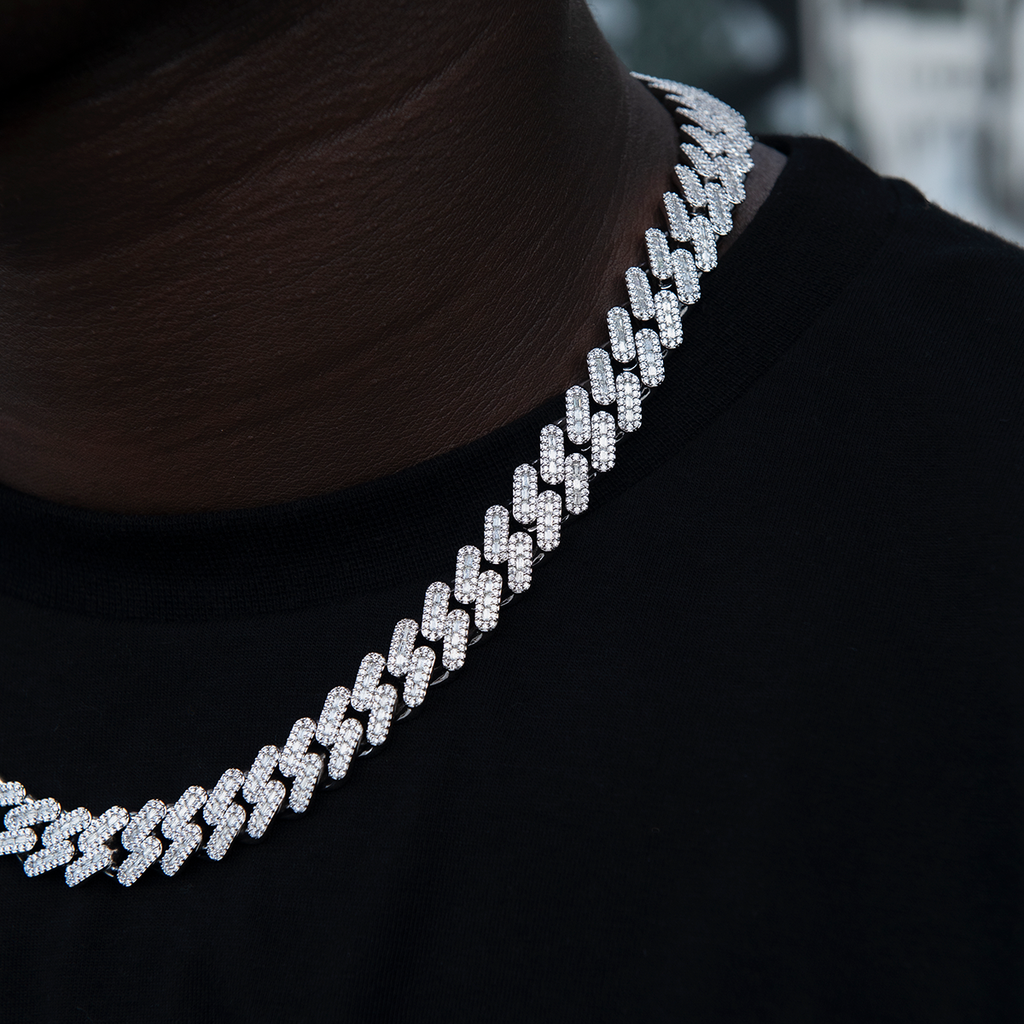 GLD Diamond Baguette Cuban Chain in White Gold- 12mm