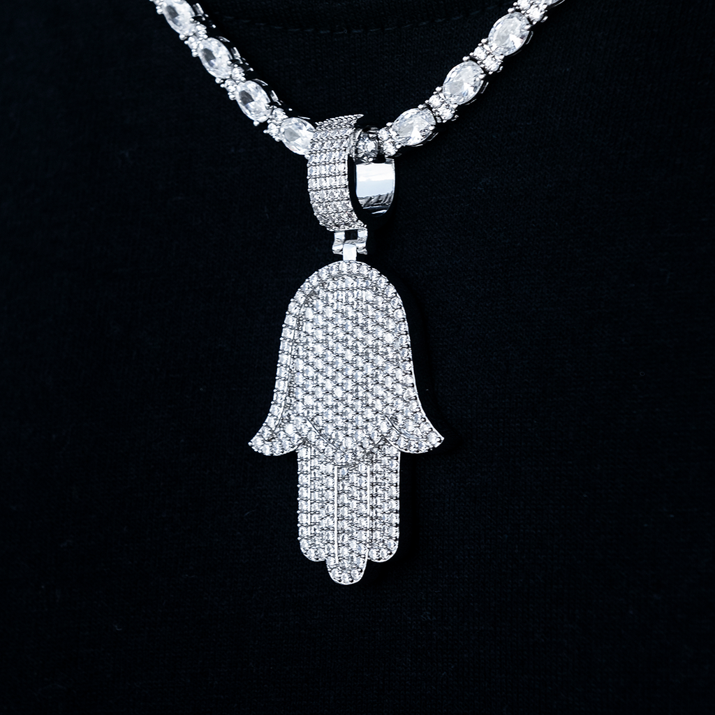 Large Iced Baguette Hamsa Pendant in White Gold