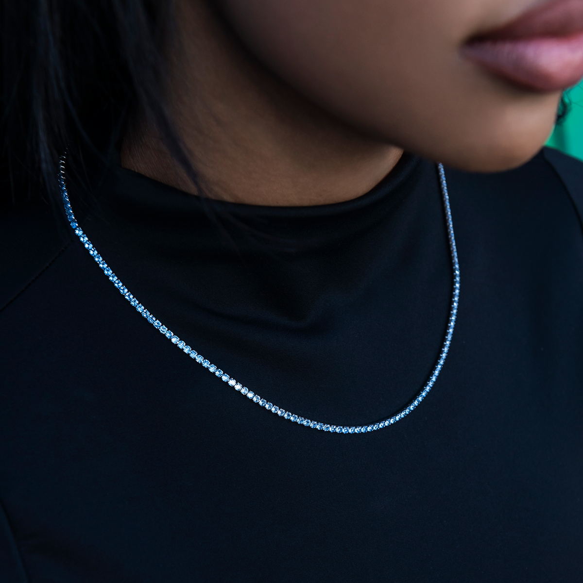 Blue Topaz Diamond Micro Tennis Necklace in White Gold