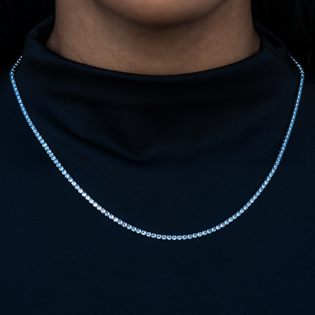Blue Topaz Diamond Micro Tennis Necklace in White Gold