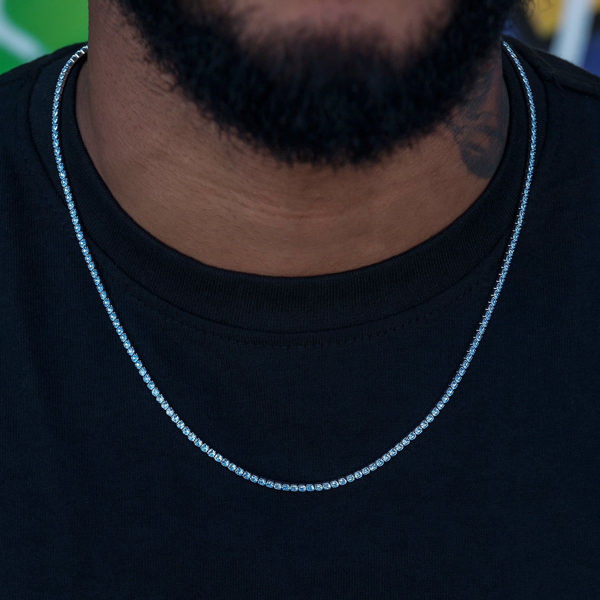 Blue Topaz Diamond Micro Tennis Chain in White Gold