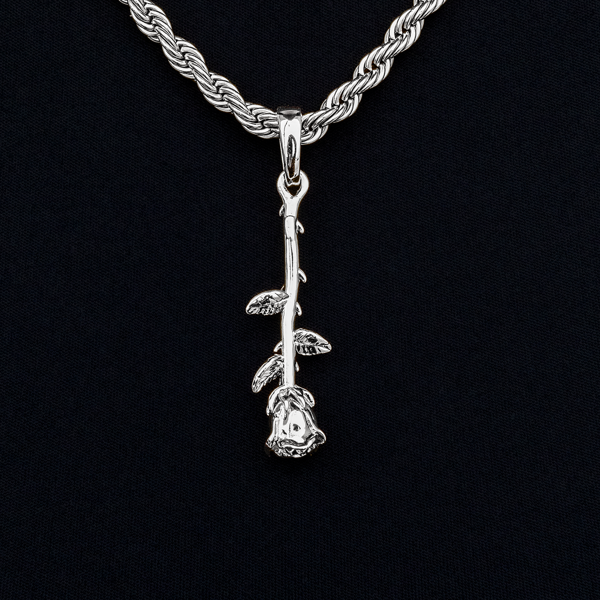 Rope Chain + Hanging Rose Pendant Gift Bundle in White Gold - 4mm