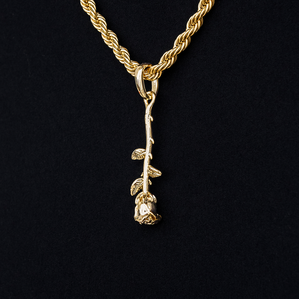 Rope Chain + Hanging Rose Pendant Gift Bundle in Yellow Gold - 4mm
