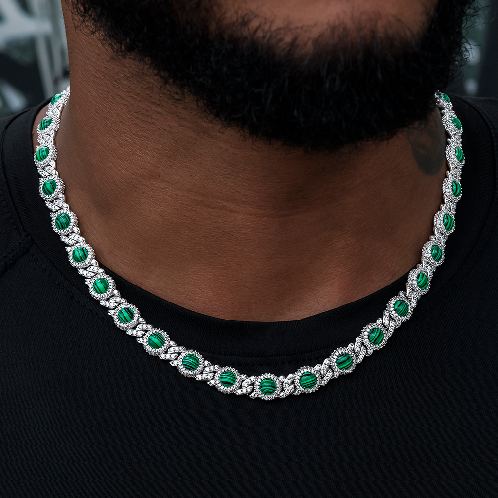 10mm Iced Halo Cuban Chain with Malachite in White Gold