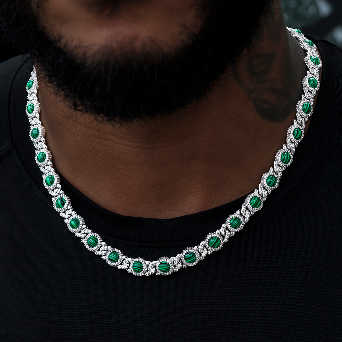 10mm Iced Halo Cuban Chain with Malachite in White Gold