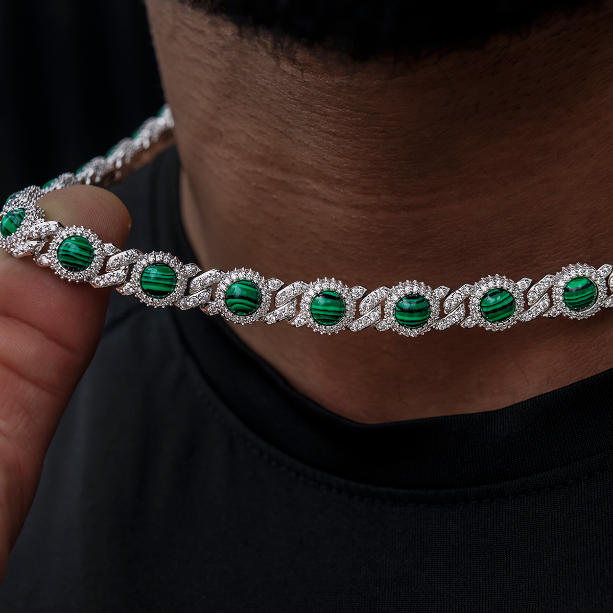 10mm Iced Halo Cuban Chain with Malachite in White Gold