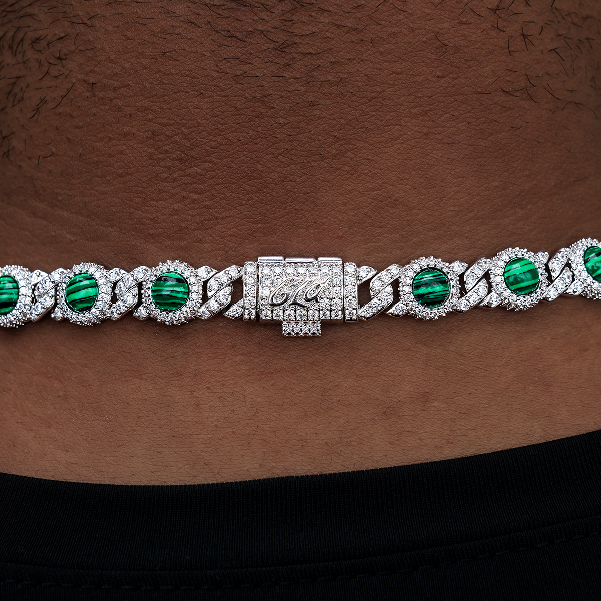 10mm Iced Halo Cuban Chain with Malachite in White Gold