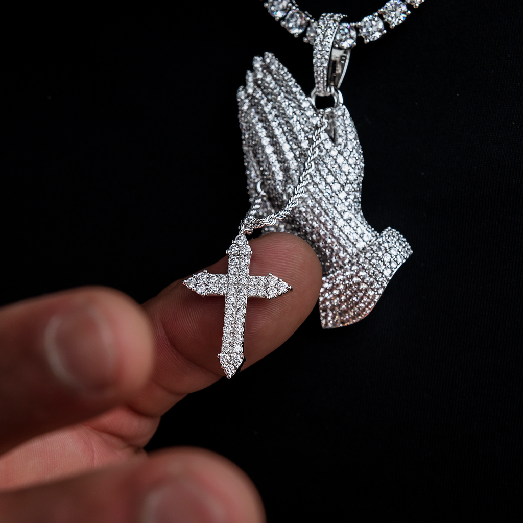 Large Iced Praying Hands with Cross Pendant in White Gold