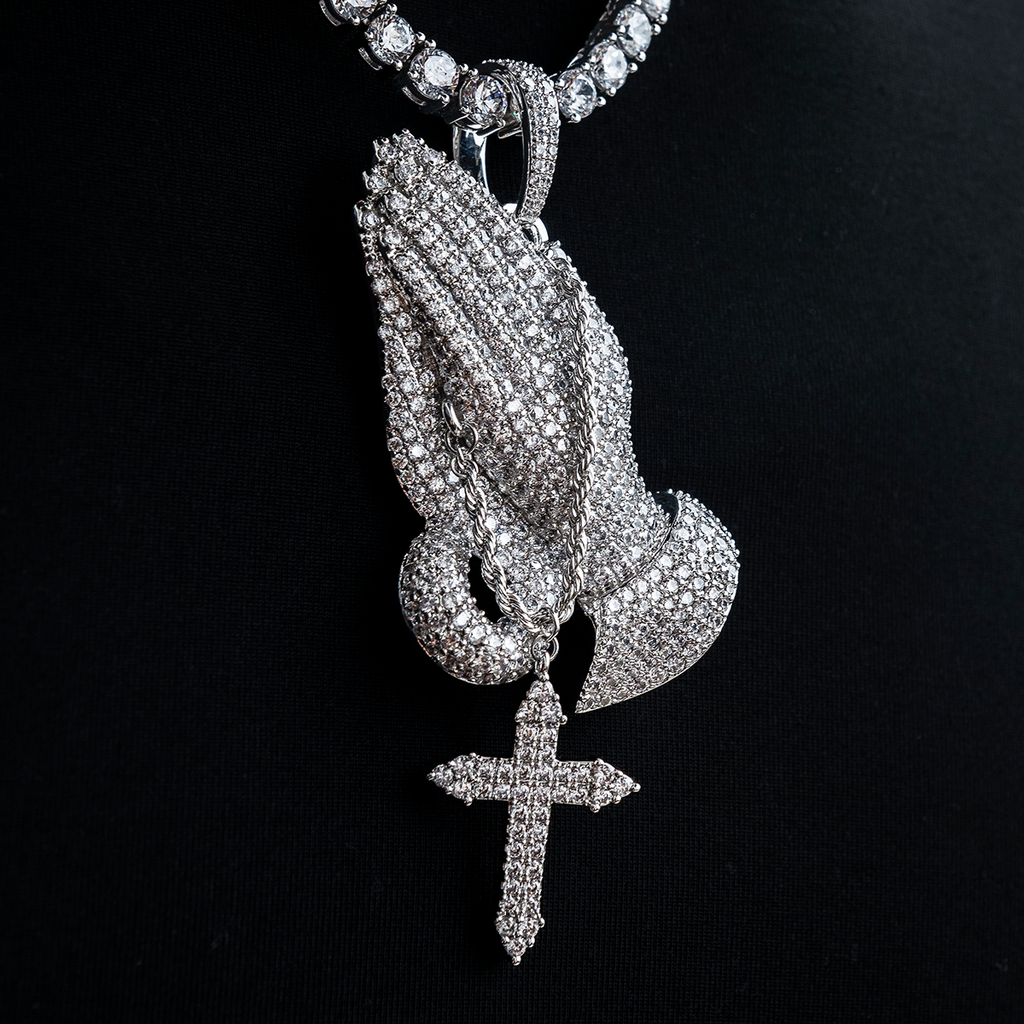 Large Iced Praying Hands with Cross Pendant in White Gold